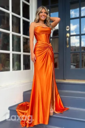 18771 - Strapless Ruched Side Slit Mermaid Long Semi Formal Prom Dress