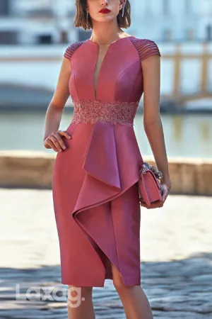 23098 - Cap Sleeves Lace Sleek Satin Knee-Length Cocktail Party Formal Evening Dress