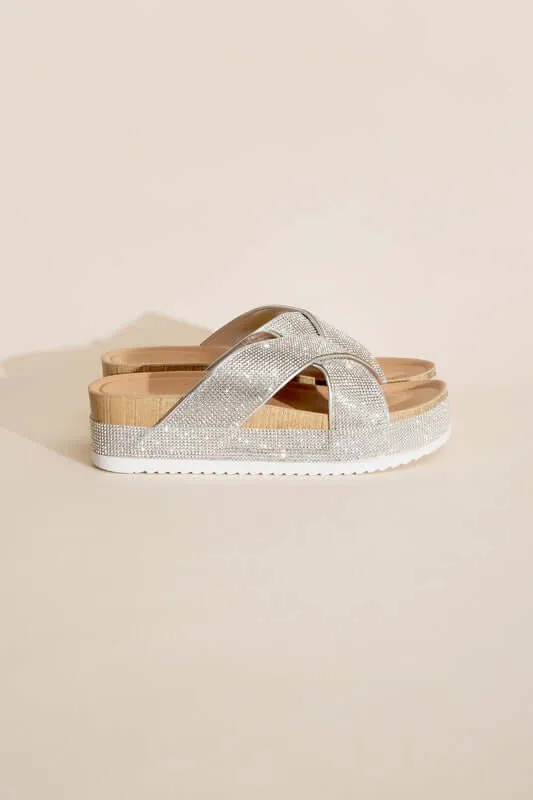 APOLLO-1 Rhinestone Silver Slides Sandals