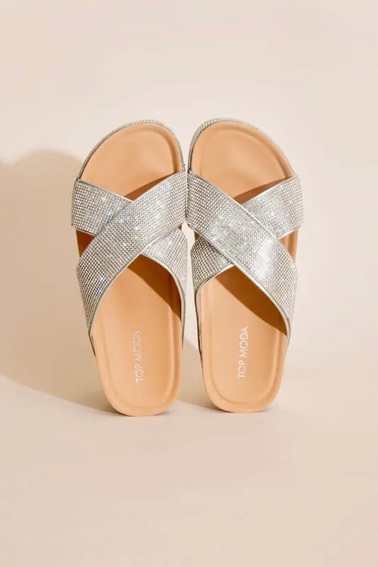 APOLLO-1 Rhinestone Silver Slides Sandals