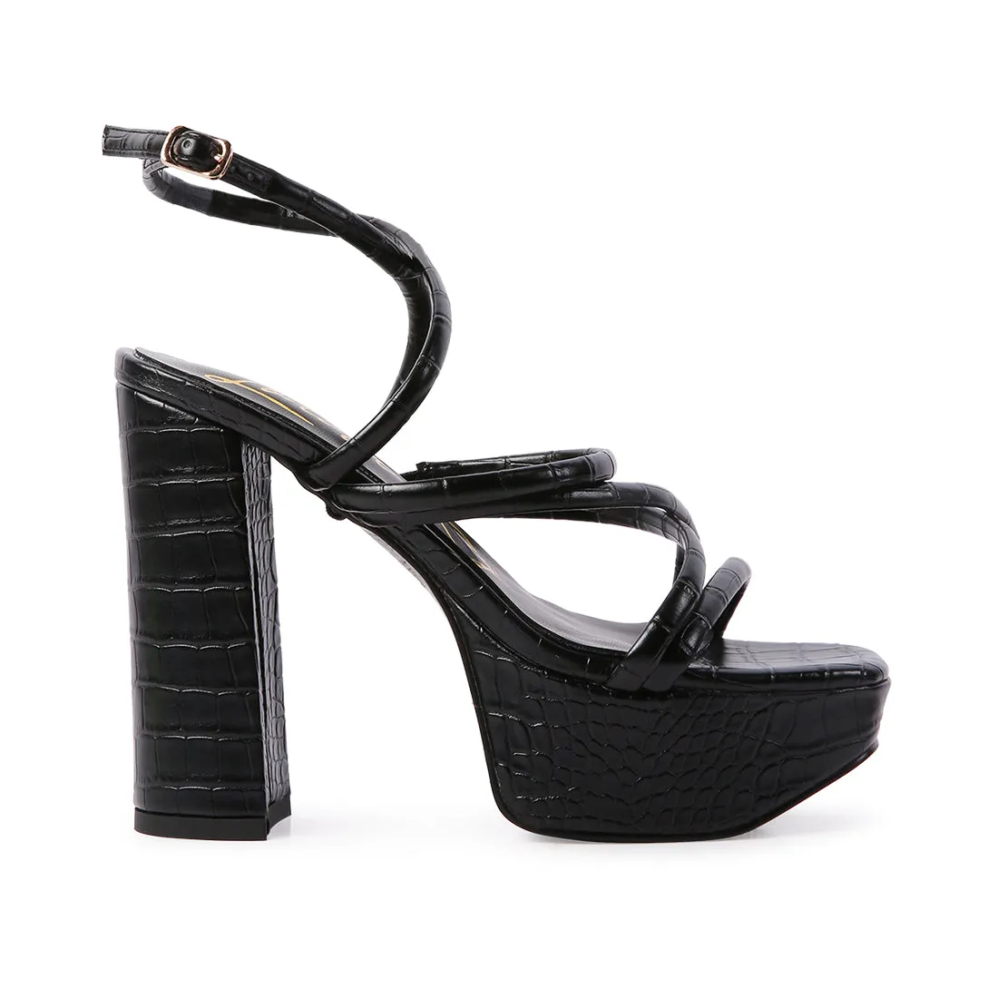 Black Strappy Platform Chunky High Heels