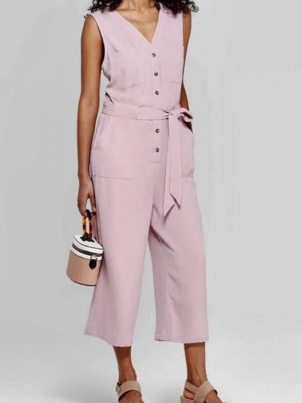 Blush Sleeveless Jumpsuit with Button-Up Front and Sash Tie