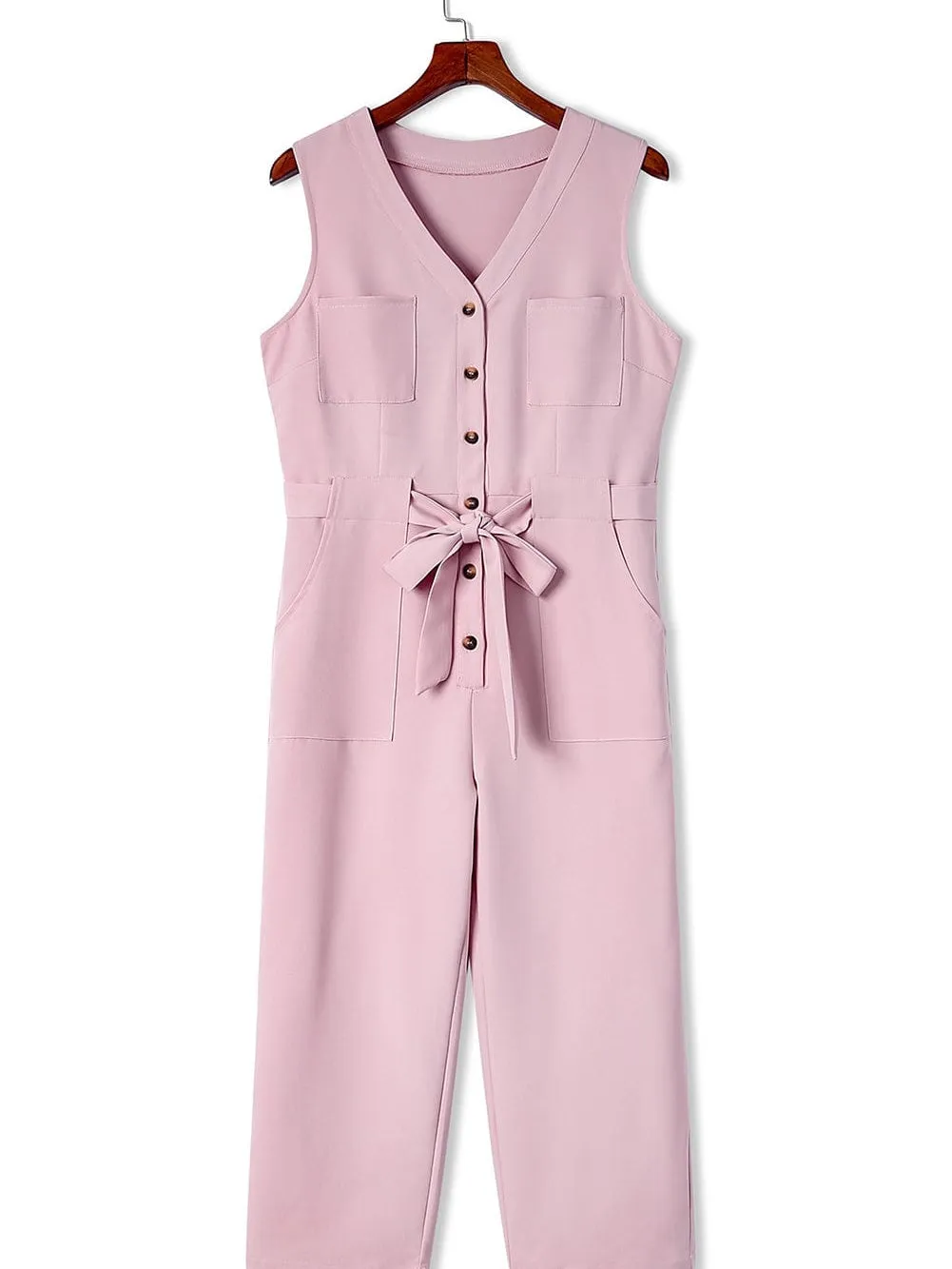 Blush Sleeveless Jumpsuit with Button-Up Front and Sash Tie