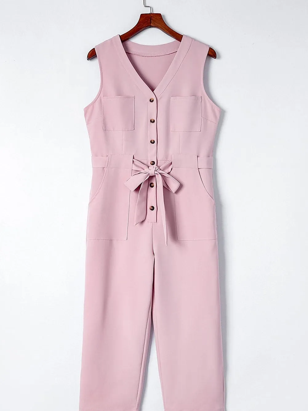 Blush Sleeveless Jumpsuit with Button-Up Front and Sash Tie