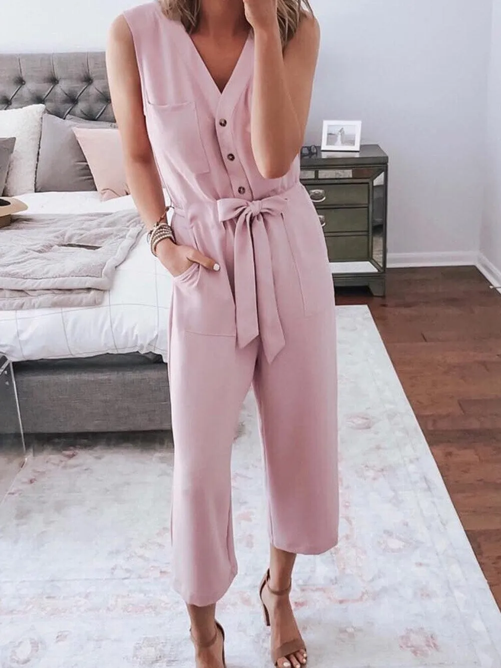 Blush Sleeveless Jumpsuit with Button-Up Front and Sash Tie