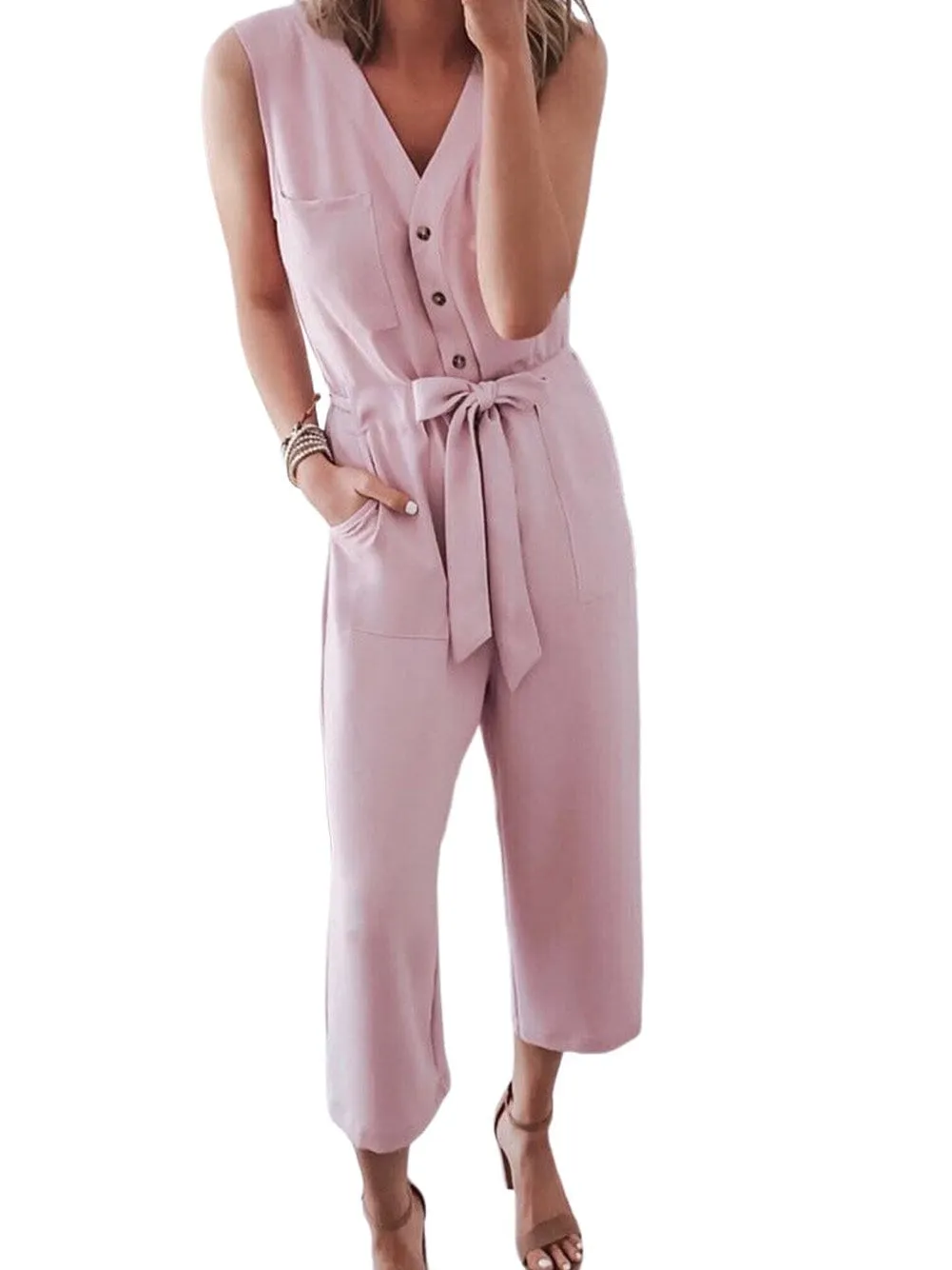 Blush Sleeveless Jumpsuit with Button-Up Front and Sash Tie