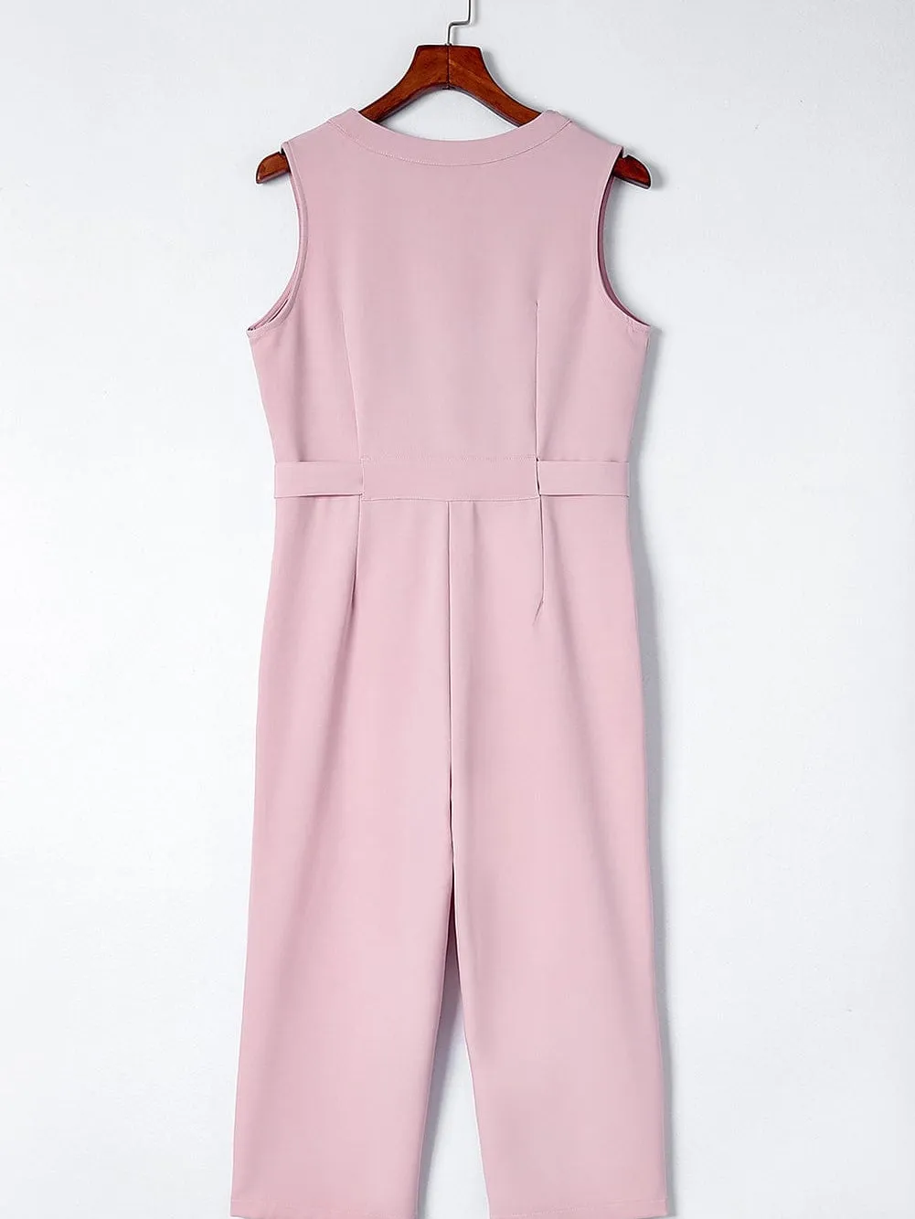 Blush Sleeveless Jumpsuit with Button-Up Front and Sash Tie