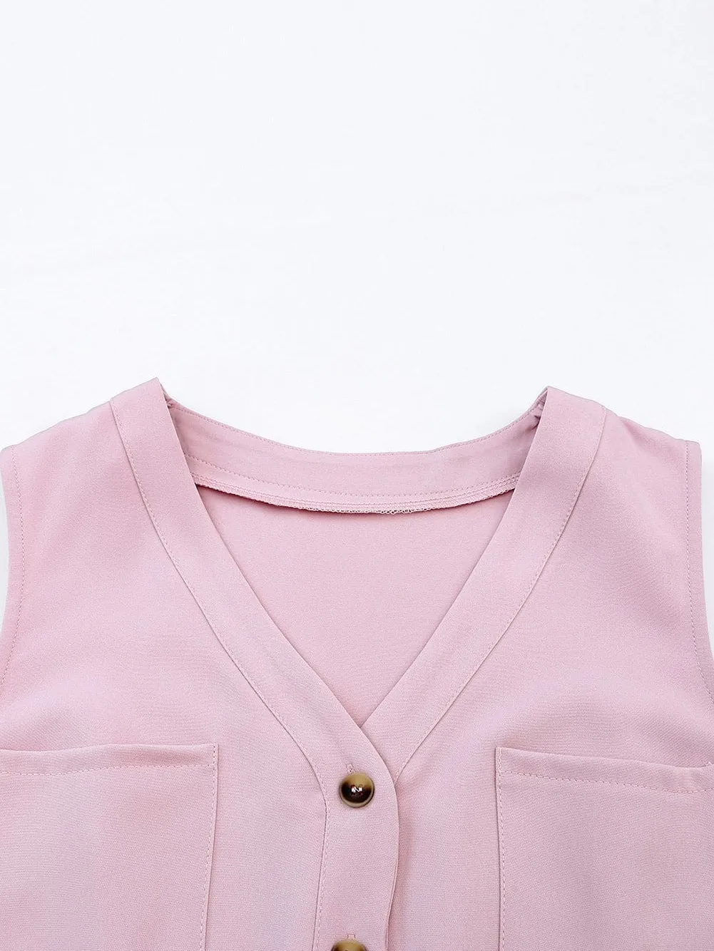 Blush Sleeveless Jumpsuit with Button-Up Front and Sash Tie