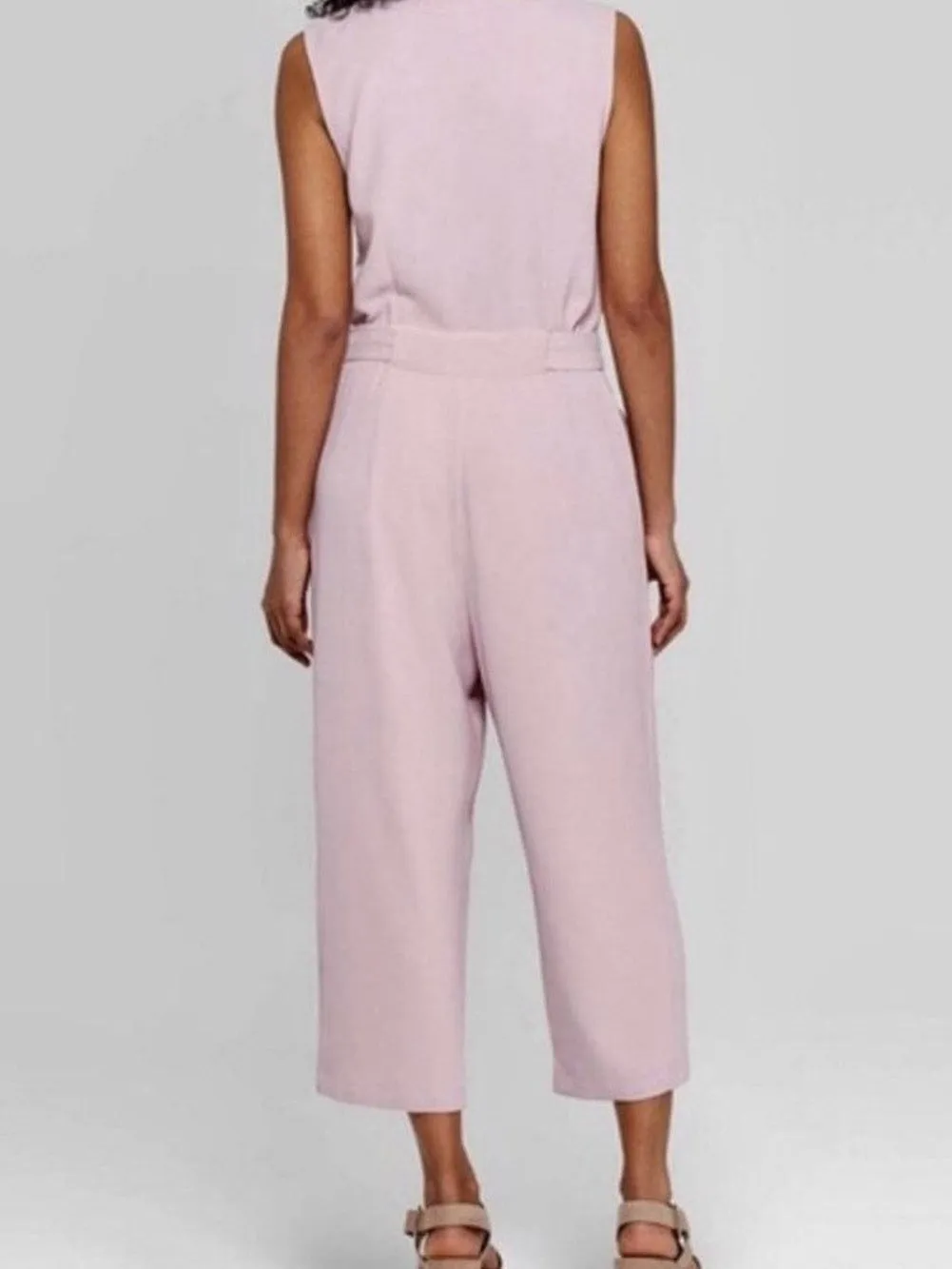 Blush Sleeveless Jumpsuit with Button-Up Front and Sash Tie