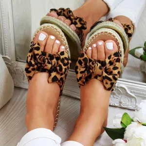 Chicvane Leopard Printed Bowknot Flat Sandals Espadrille Sandal