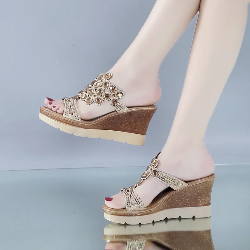 Crystals decor peep toe wedge slides women's summer wedge slippers