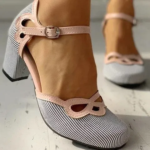 Cute black dots print block heels loafers shoes | Chunky high heels marry jane dressy shoes