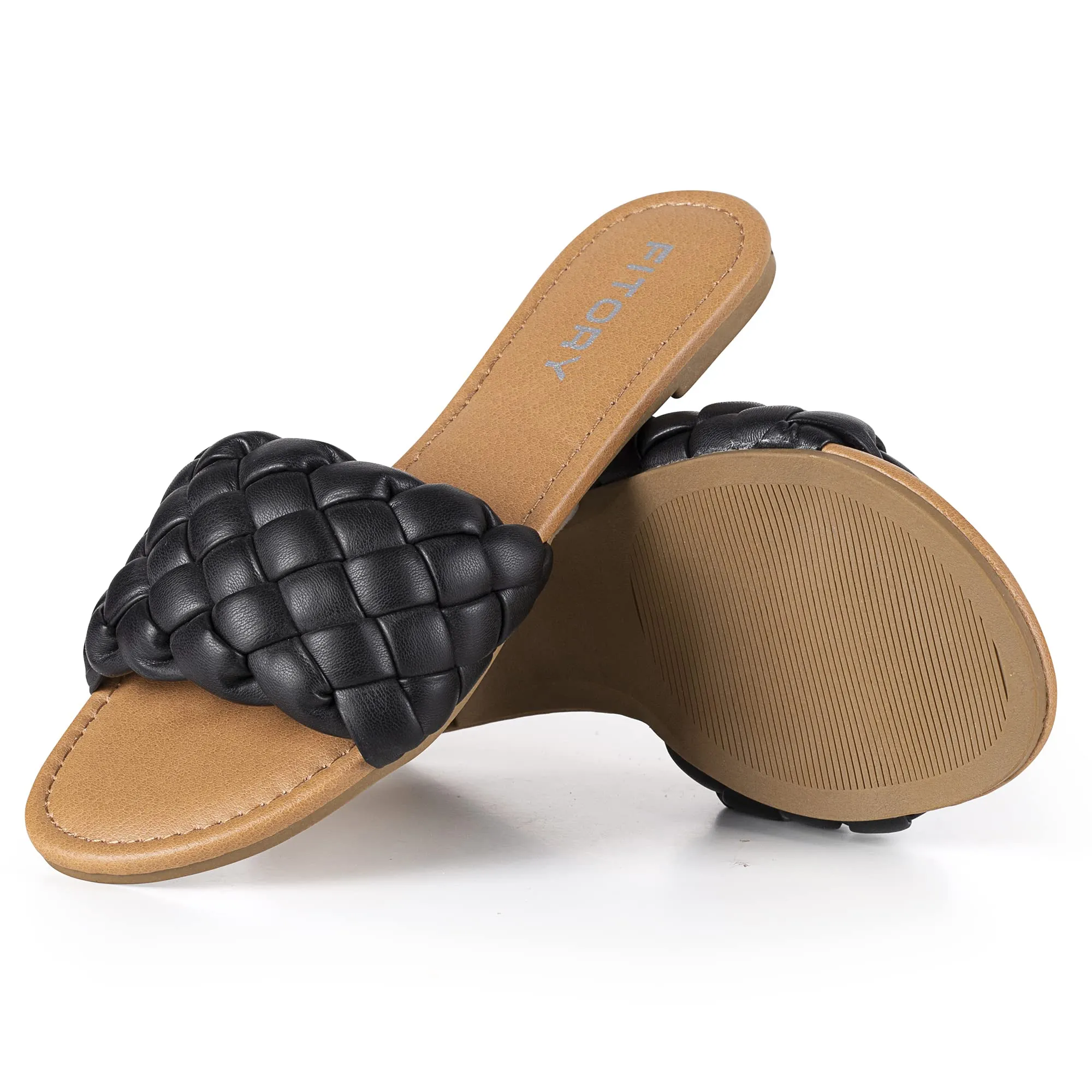 FITORY Womens Flat Sandals Fashion Round Open Toe Slip On Slides with Braided Strap Slippers for Summer Size 6-11