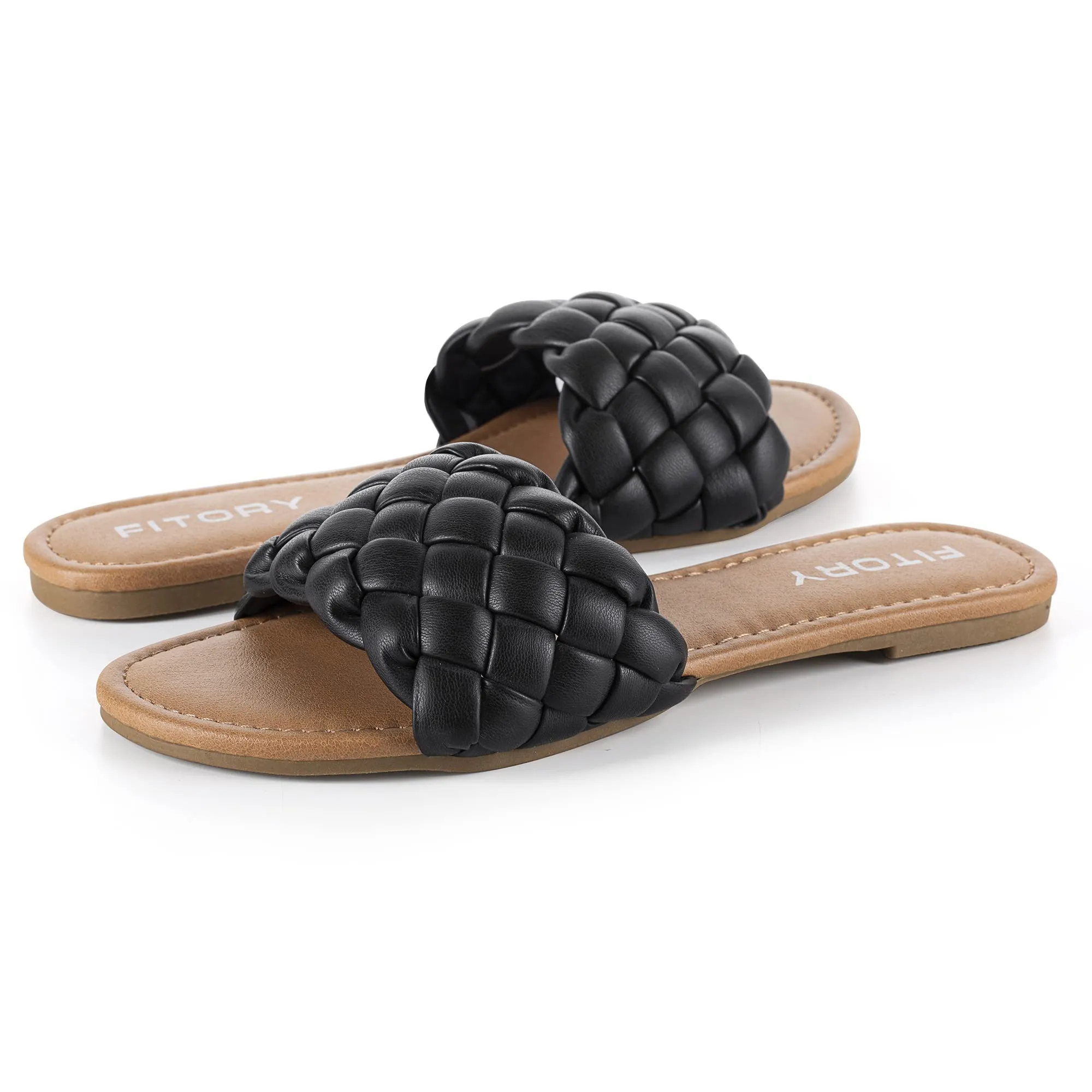 FITORY Womens Flat Sandals Fashion Round Open Toe Slip On Slides with Braided Strap Slippers for Summer Size 6-11