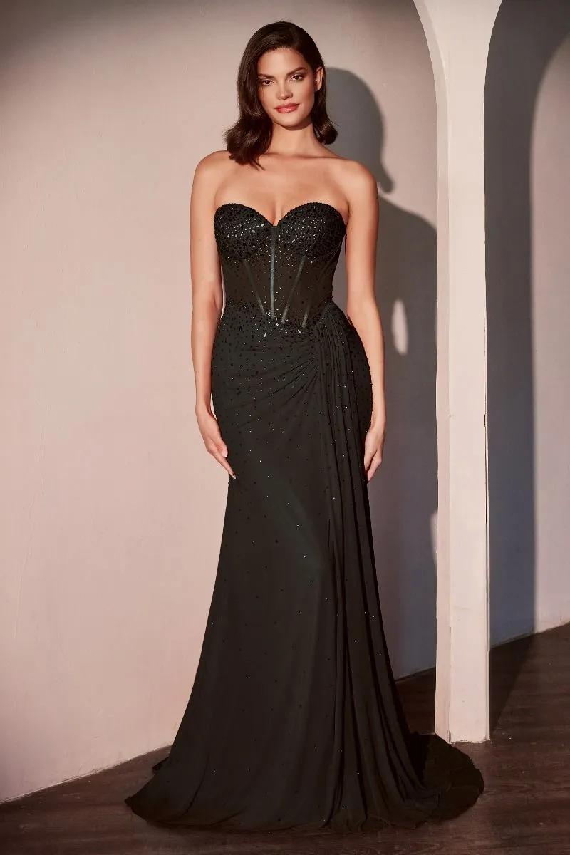 FITTED STRAPLESS STRETCH NET RHINESTONE SCATTERED DRESS CDCD770