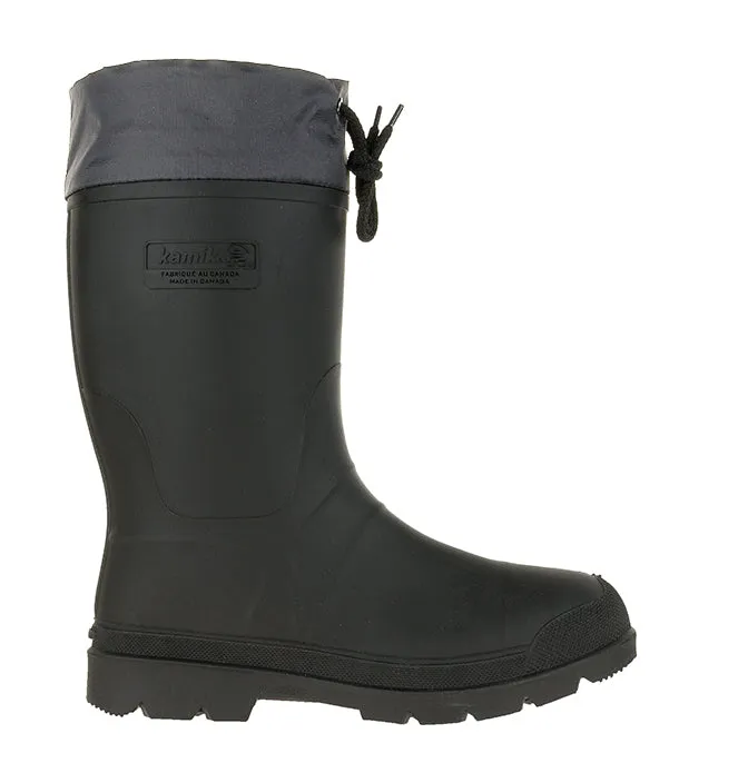 Kamik Forester Black/Charcoal Pull On Rounded Toe Lug Sole Mid-Calf Rubber Boots