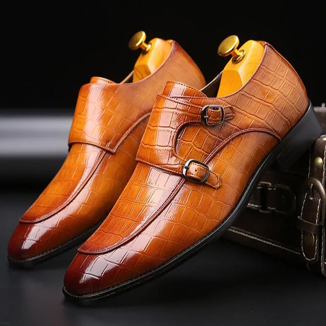 Men's alligator embossed double monk strap loafers
