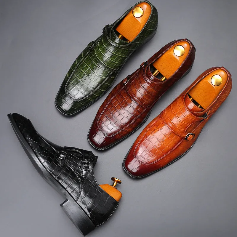 Men's alligator embossed double monk strap loafers