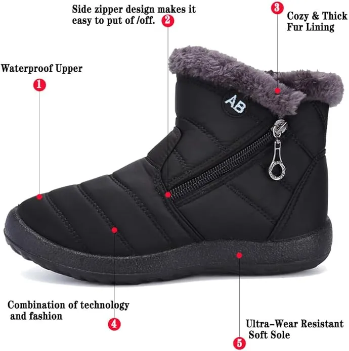 NEW Womens Faux Fur Lined Waterproof Ankle Boots Side Zipper Warm Lightweight Anti-Slip, Black, Sz 8.5, Retails $45