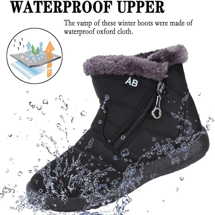 NEW Womens Faux Fur Lined Waterproof Ankle Boots Side Zipper Warm Lightweight Anti-Slip, Black, Sz 8.5, Retails $45