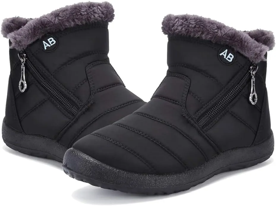 NEW Womens Faux Fur Lined Waterproof Ankle Boots Side Zipper Warm Lightweight Anti-Slip, Black, Sz 8.5, Retails $45