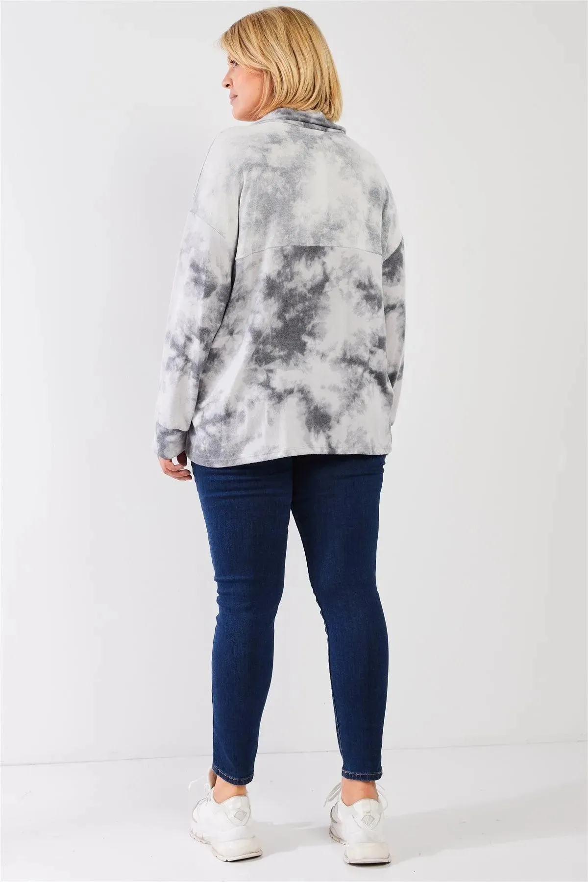 Plus Size Tie-Dye Fleece Collared NeckLoose Fit Top /3-2-1