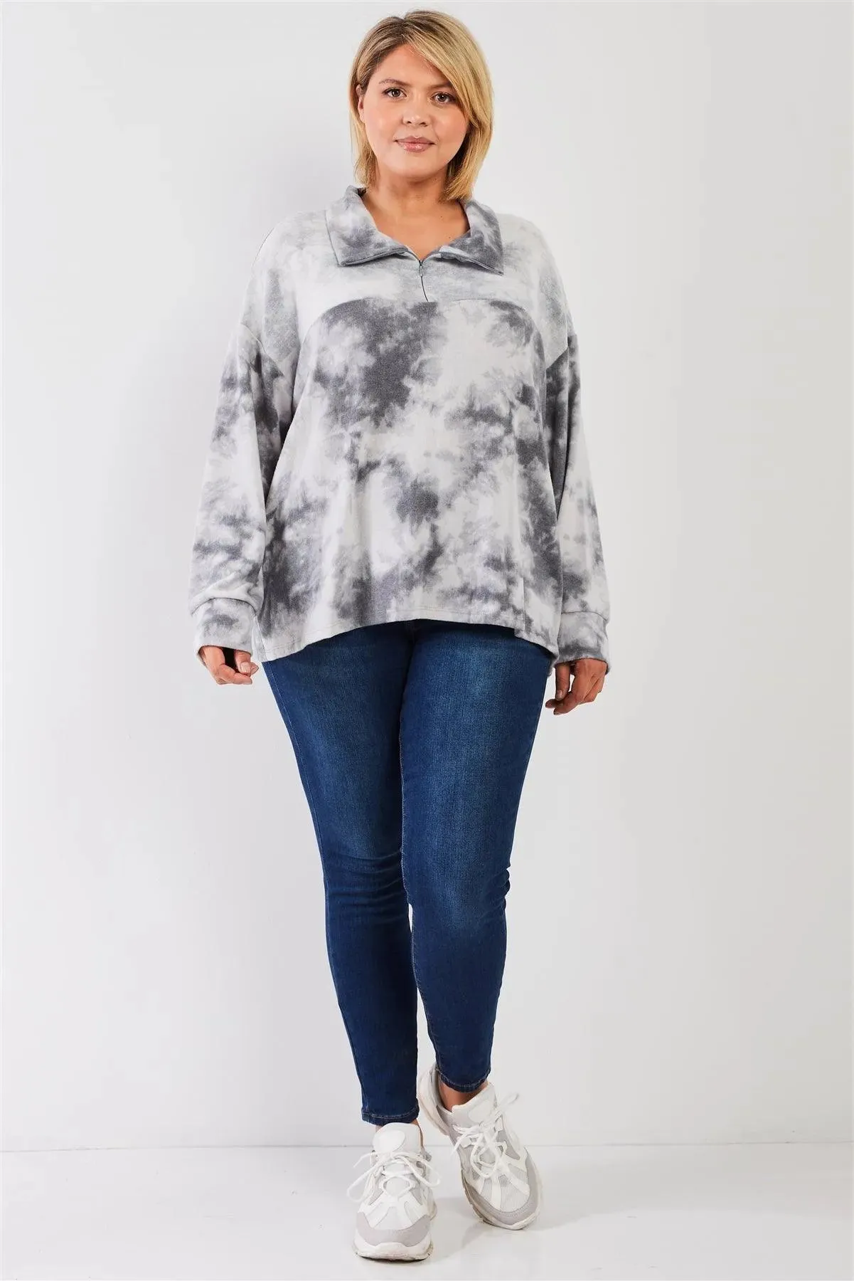 Plus Size Tie-Dye Fleece Collared NeckLoose Fit Top /3-2-1