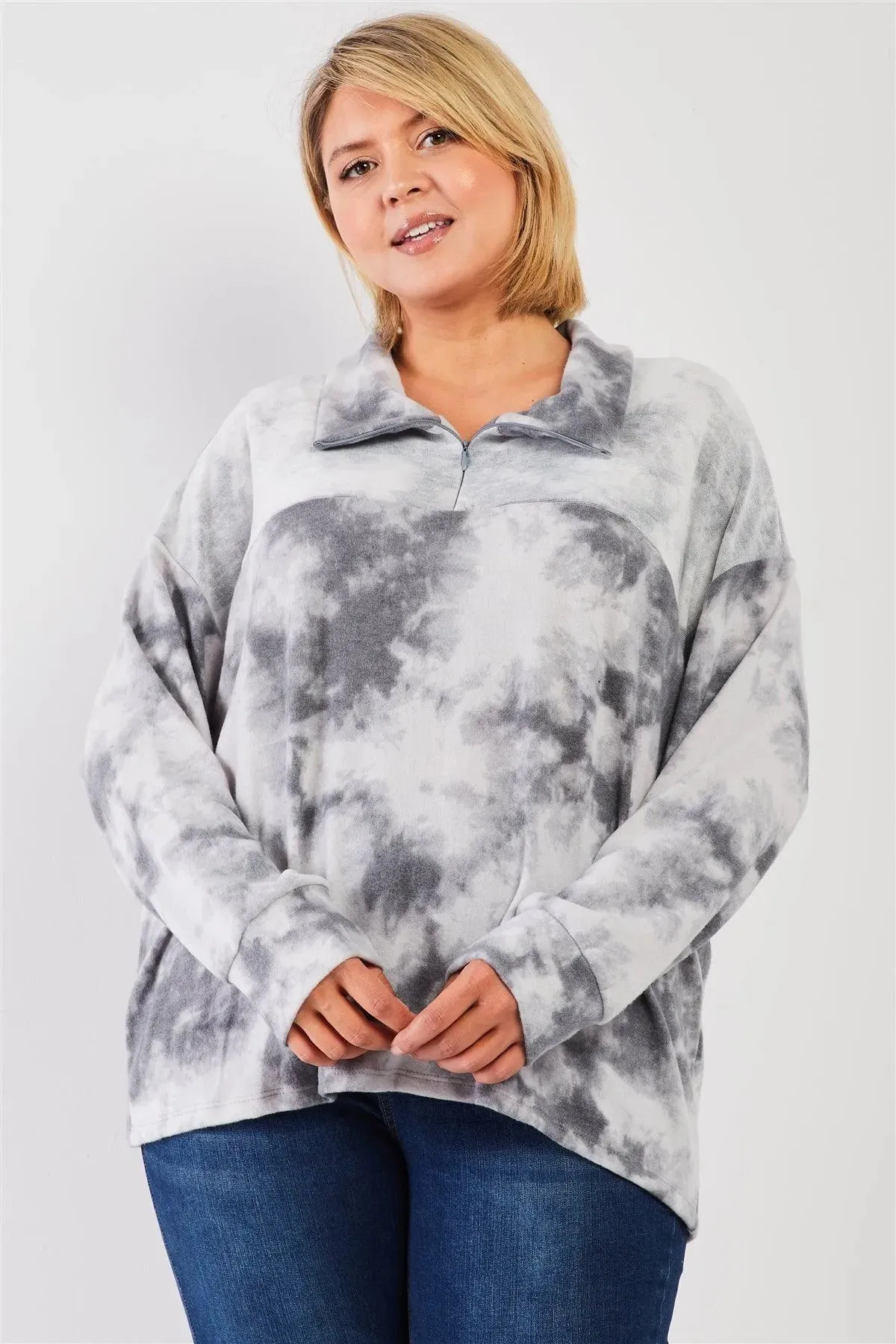 Plus Size Tie-Dye Fleece Collared NeckLoose Fit Top /3-2-1