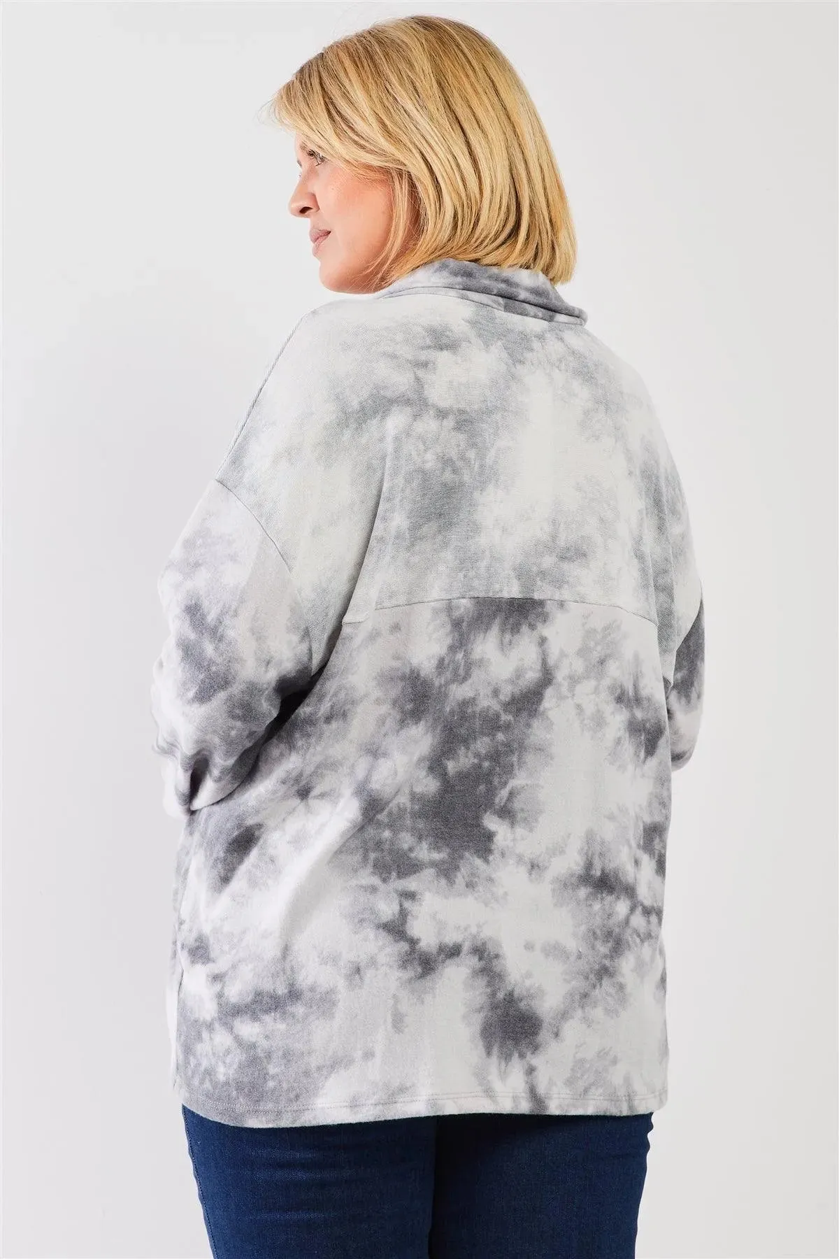 Plus Size Tie-Dye Fleece Collared NeckLoose Fit Top /3-2-1