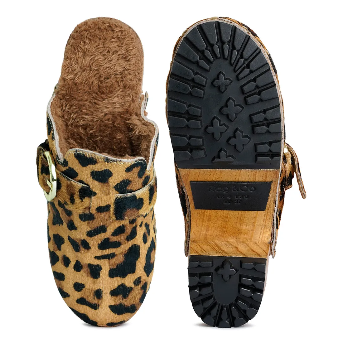 PRUNUS Leopard Buckled Suede Round Toe Clogs