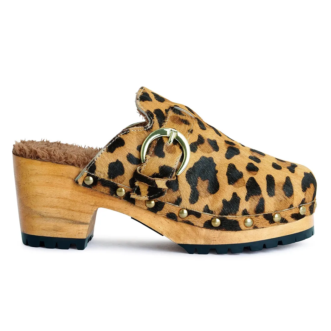 PRUNUS Leopard Buckled Suede Round Toe Clogs