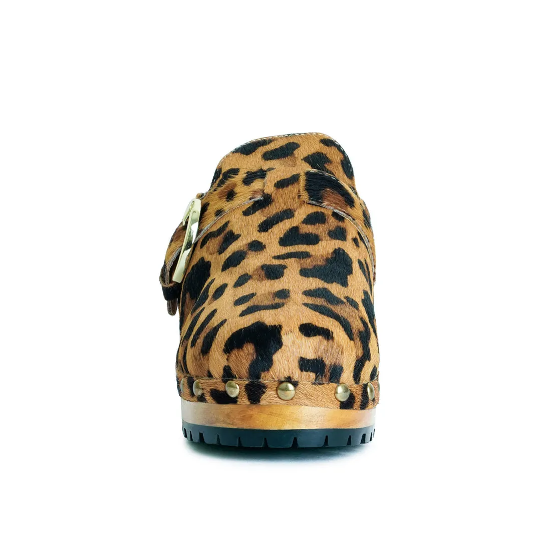 PRUNUS Leopard Buckled Suede Round Toe Clogs