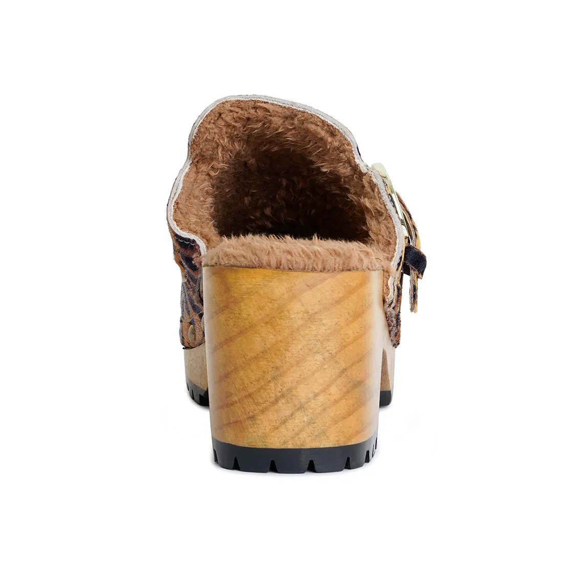 PRUNUS Leopard Buckled Suede Round Toe Clogs