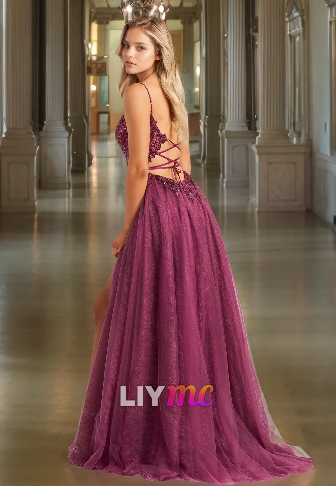 Scoop Spaghetti Straps Appliques Pleated A-Line Prom Dress