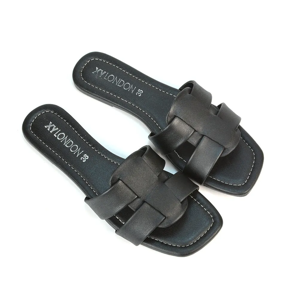 Selma Slip On Mule Square Toe Leather Flat Sandals Slides in Black