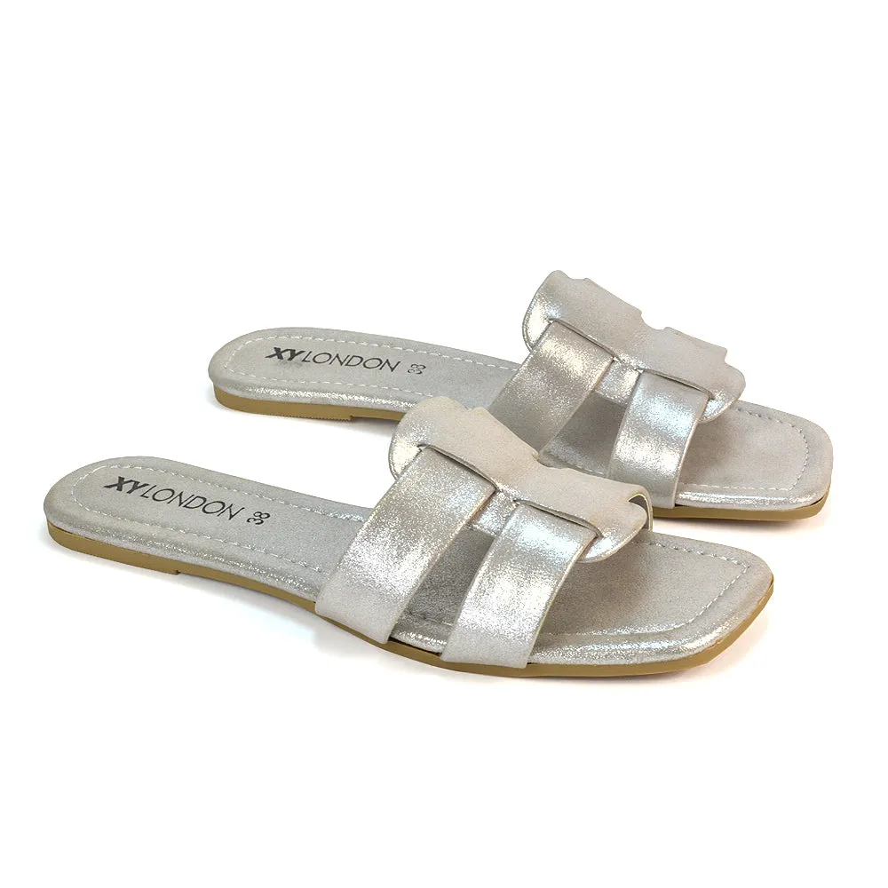 Selma Slip On Mule Square Toe Leather Flat Sandals Slides in Black