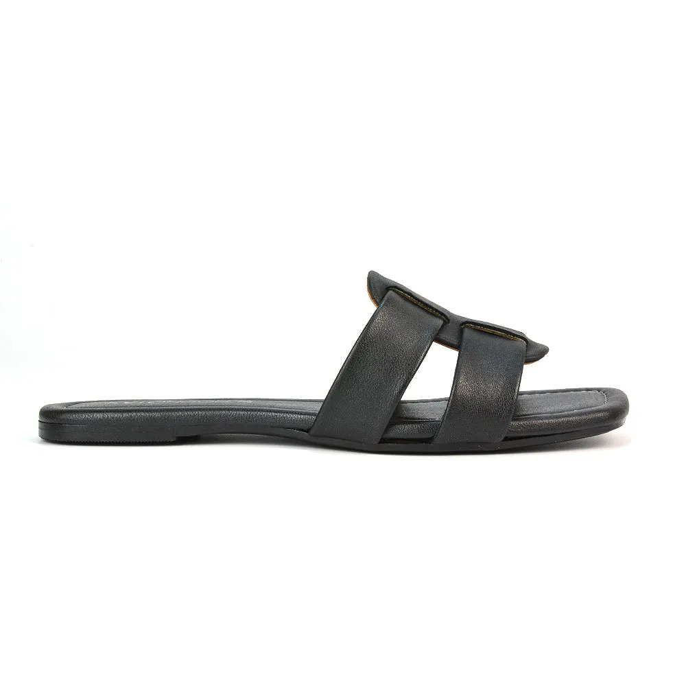 Selma Slip On Mule Square Toe Leather Flat Sandals Slides in Black