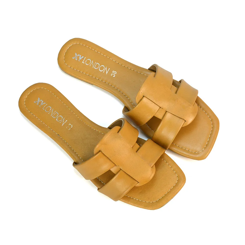 Selma Slip On Mule Square Toe Leather Flat Sandals Slides in Black