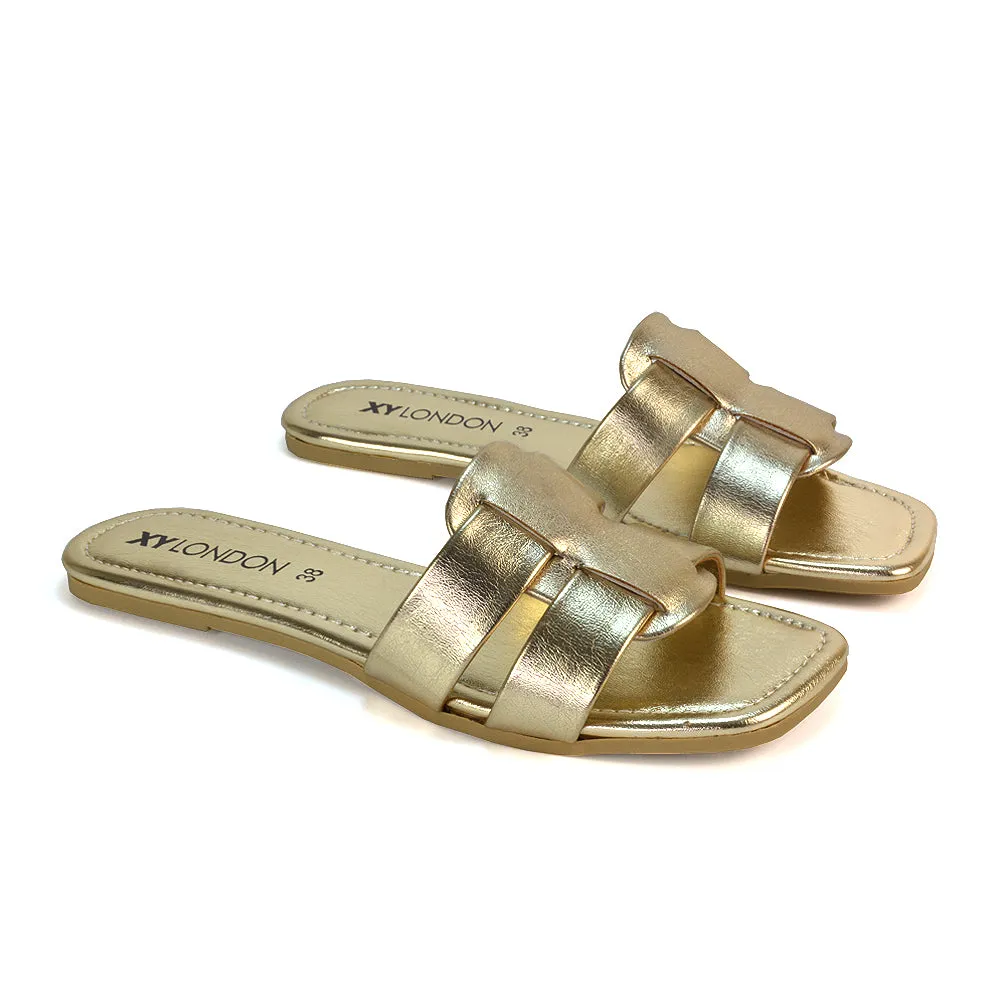 Selma Slip On Mule Square Toe Leather Flat Sandals Slides in Black
