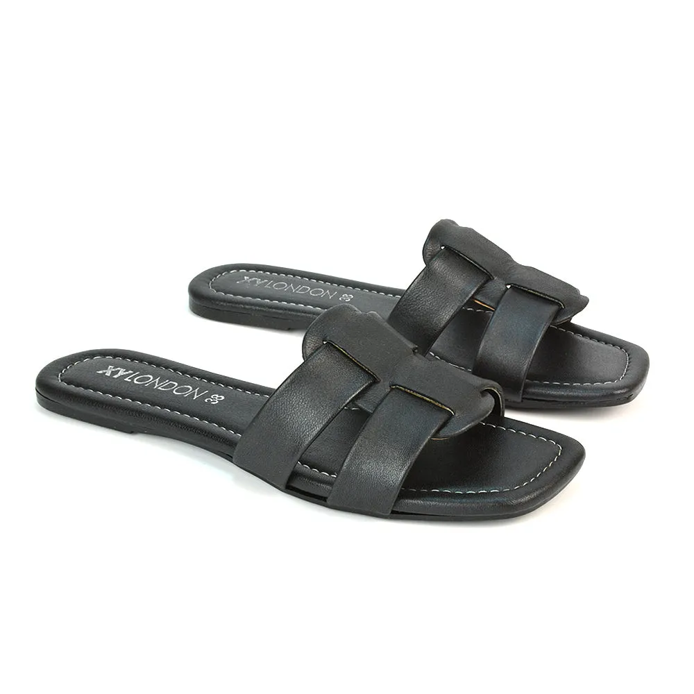 Selma Slip On Mule Square Toe Leather Flat Sandals Slides in Black