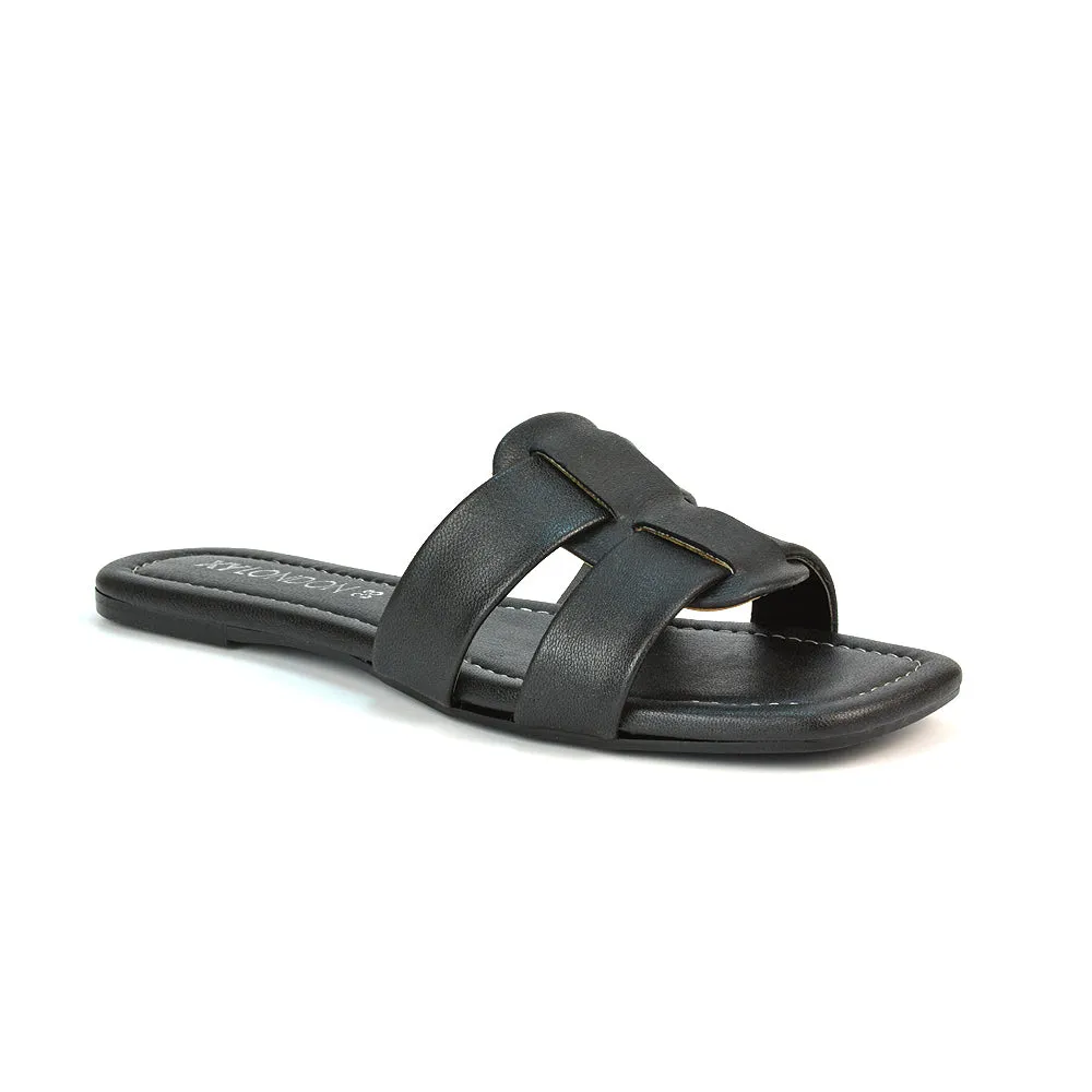 Selma Slip On Mule Square Toe Leather Flat Sandals Slides in Black