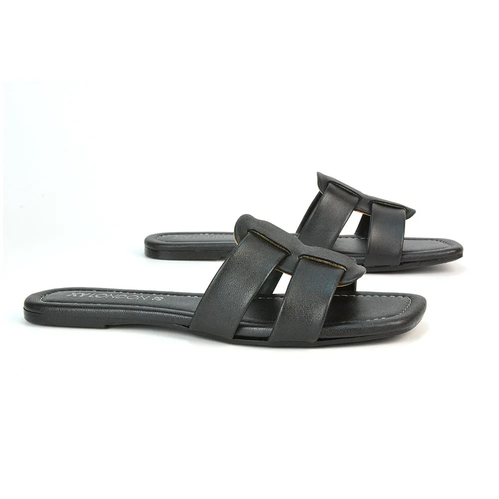 Selma Slip On Mule Square Toe Leather Flat Sandals Slides in Black