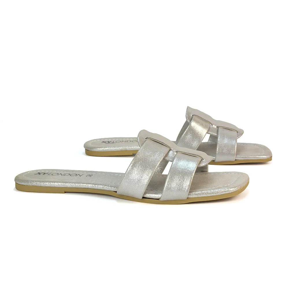 Selma Slip On Mule Square Toe Leather Flat Sandals Slides in Black