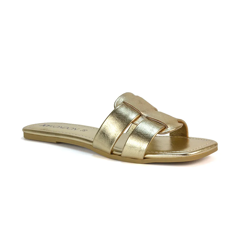 Selma Slip On Mule Square Toe Leather Flat Sandals Slides in Black