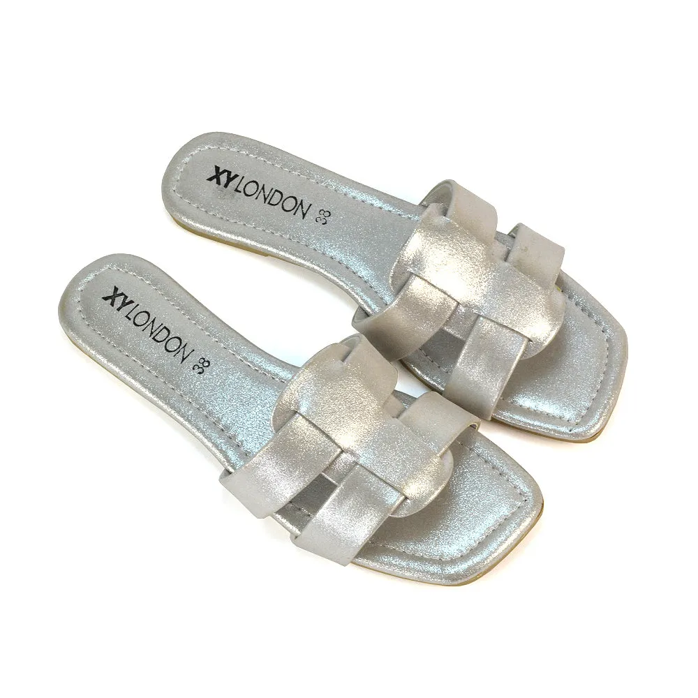 Selma Slip On Mule Square Toe Leather Flat Sandals Slides in Black