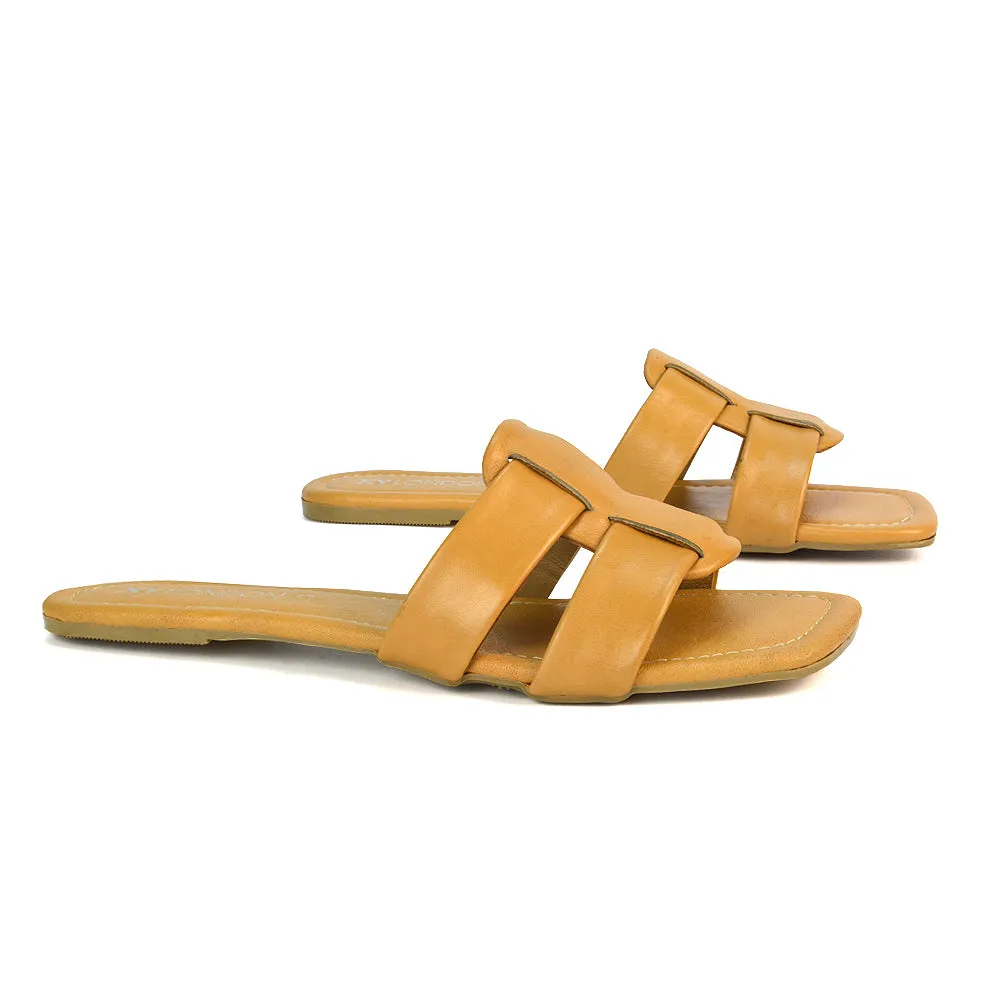Selma Slip On Mule Square Toe Leather Flat Sandals Slides in Gold