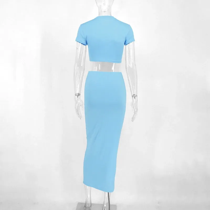 Sexy T-Shirt Skirt Two Piece Set Women O-Neck Crop Top