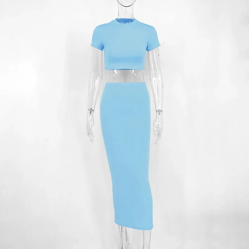 Sexy T-Shirt Skirt Two Piece Set Women O-Neck Crop Top