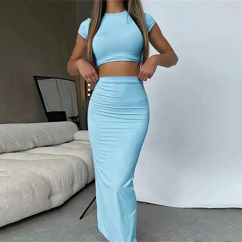Sexy T-Shirt Skirt Two Piece Set Women O-Neck Crop Top