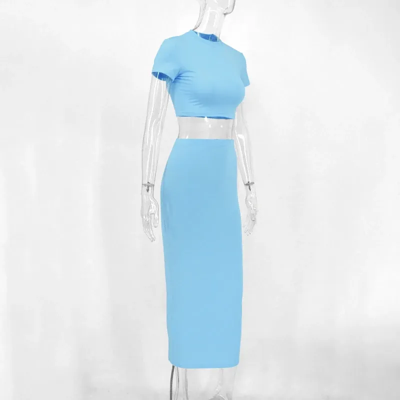Sexy T-Shirt Skirt Two Piece Set Women O-Neck Crop Top